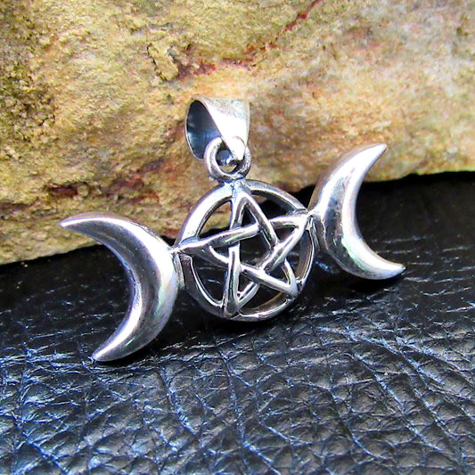 Solid 925 Sterling Silver Triple Moon Pentacle Pendant, Powerful Wiccan Crescent Moon Pentagram Amulet