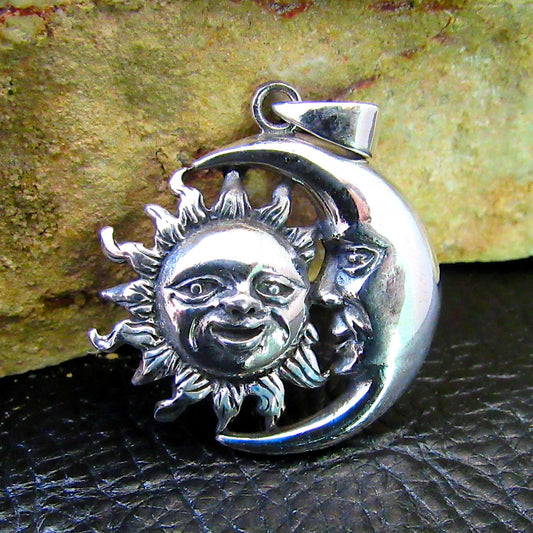 Solid 925 Sterling Silver Sun and Crescent Moon Faces Pendant, Cosmic Stellar Amulet