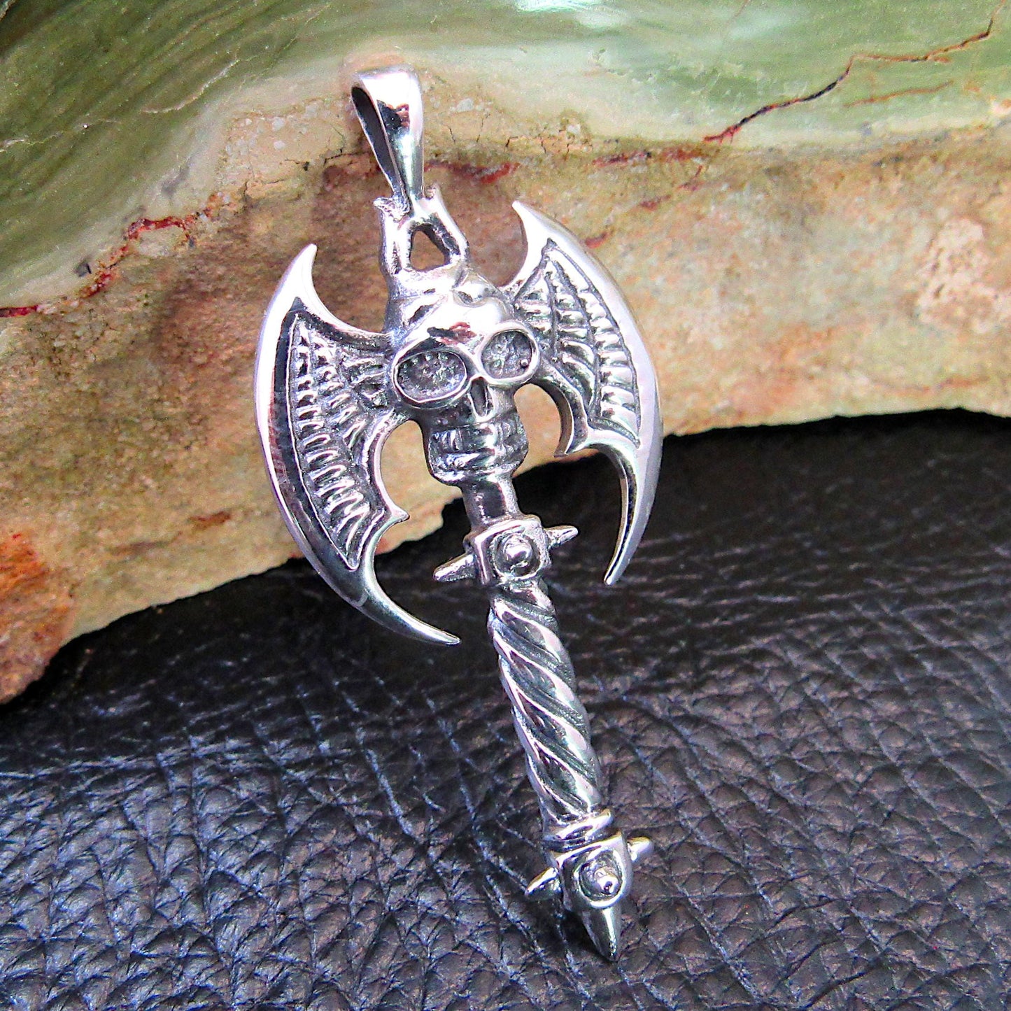 Solid 925 Sterling Silver Double Axe Skull Pendant – Gothic Warrior Battle Axe Amulet