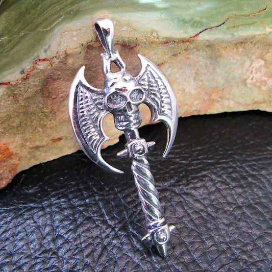 Solid 925 Sterling Silver Skeleton Skull Battle Axe Pendant, Gothic Grim Reaper Pendant for Men