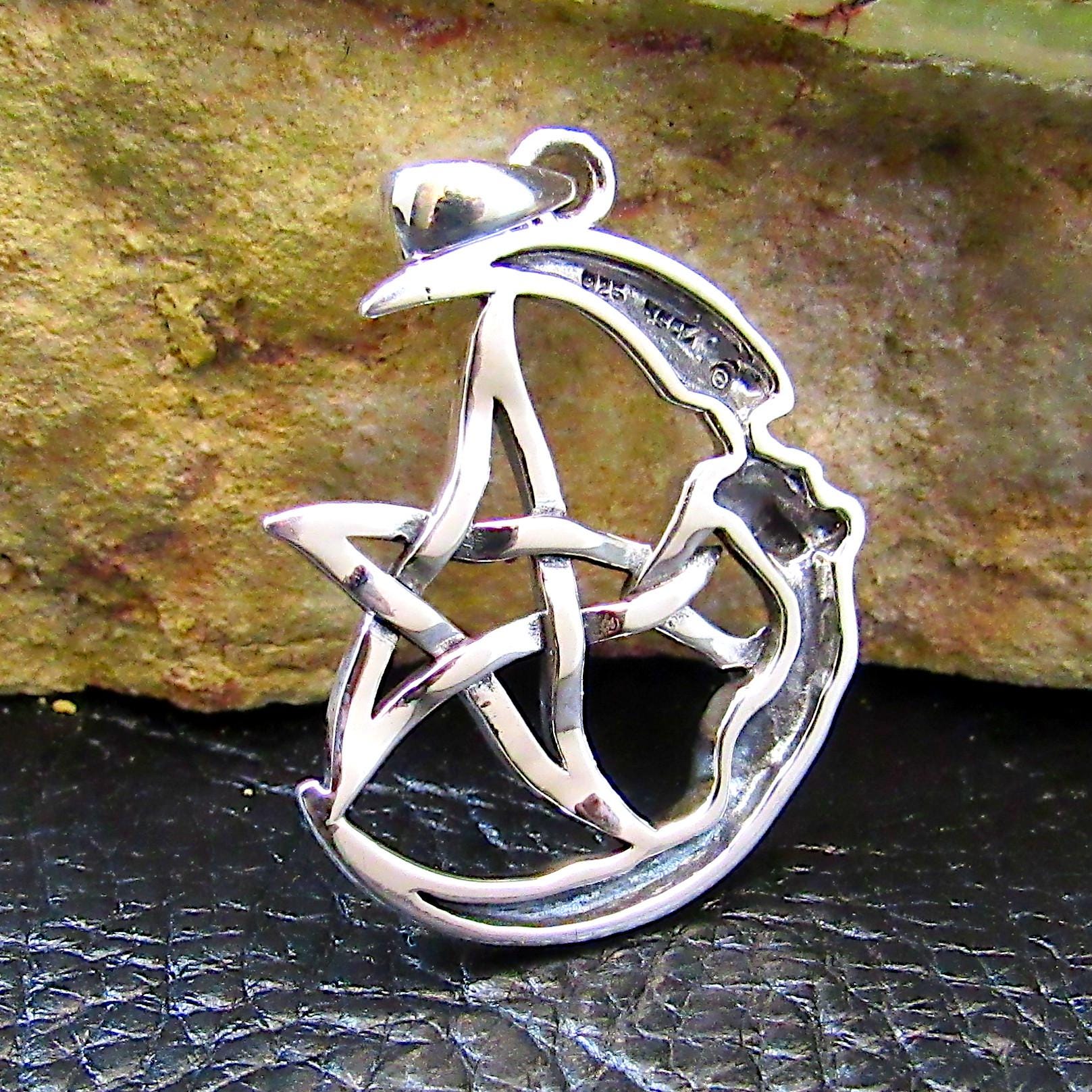 Solid 925 Sterling Silver Moon Goddess The Star Pentagram Pendant, Pagan Wicca Amulet