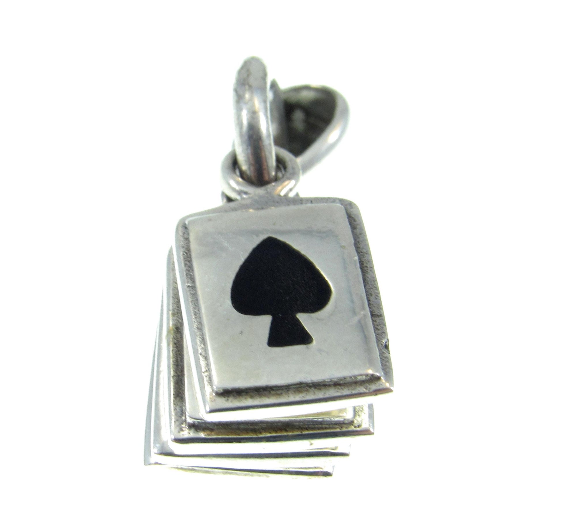 Solid 925 Sterling Silver Playing Cards Pendant – Four-Suit Charm with Black Onyx Inlay