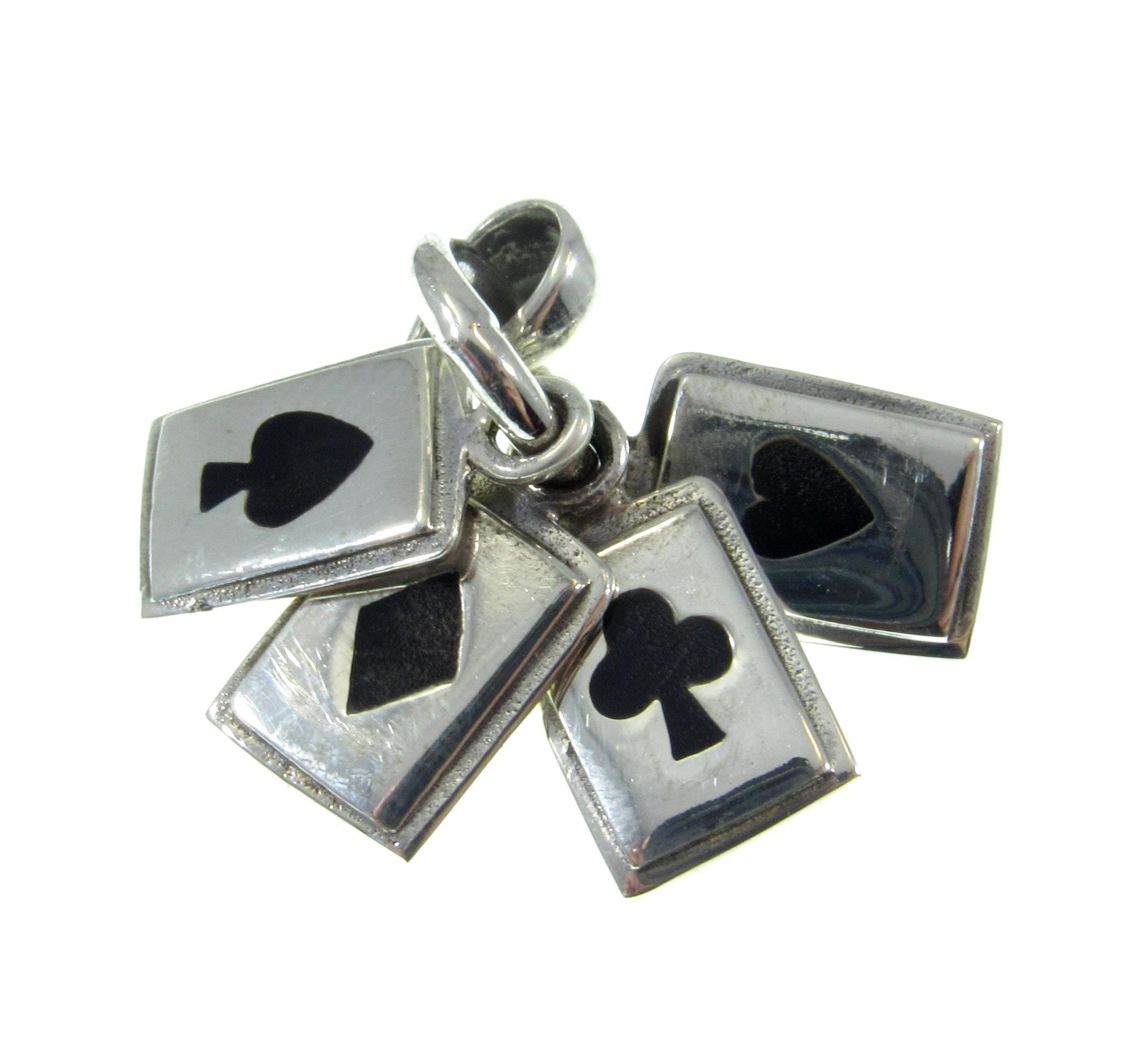 Solid 925 Sterling Silver Playing Cards Pendant – Four-Suit Charm with Black Onyx Inlay