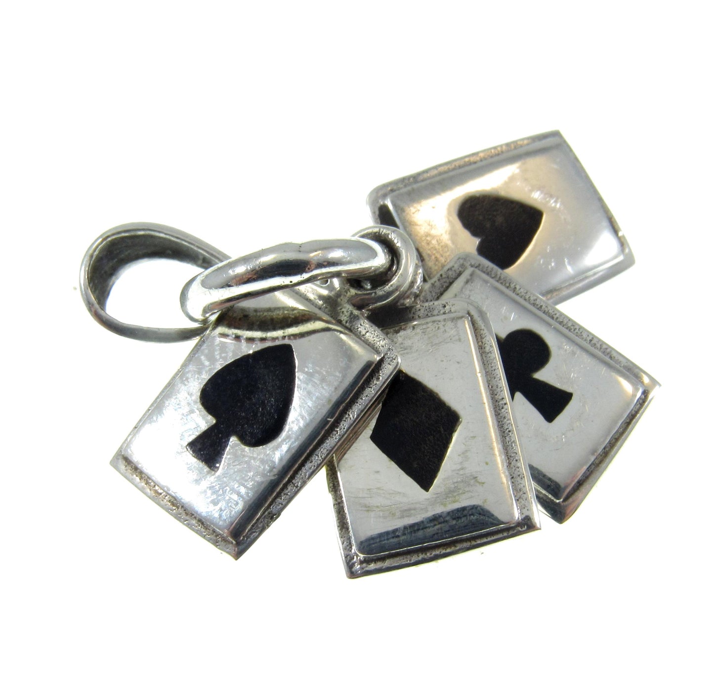 Solid 925 Sterling Silver Playing Cards Pendant – Four-Suit Charm with Black Onyx Inlay