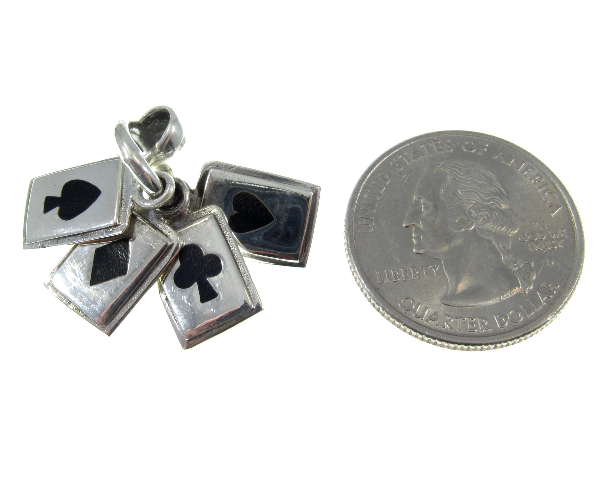 Solid 925 Sterling Silver Playing Cards Pendant – Four-Suit Charm with Black Onyx Inlay