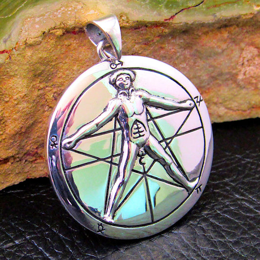Solid 925 Sterling Silver Vitruvian Man Pentacle Pendant – Alchemical Symbol, Da Vinci Inspired Amulet