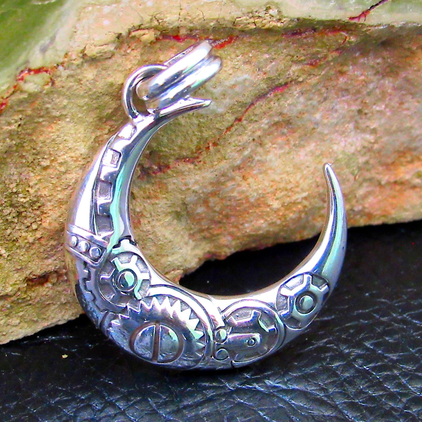 Solid 925 Sterling Silver Steampunk Crescent Moon Pendant, Mechanical Gear Moon Necklace Charm