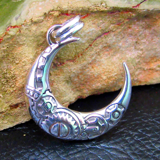 Solid 925 Sterling Silver Steampunk Crescent Moon Pendant, Mechanical Gear Moon Necklace Charm