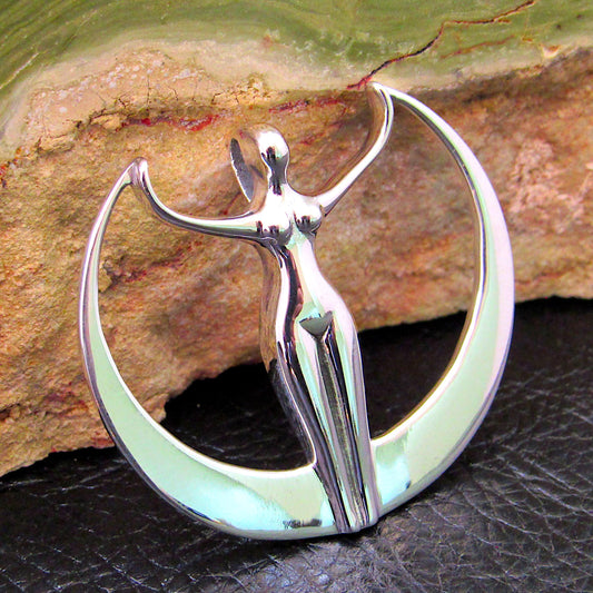 Solid 925 Sterling Silver Astra Star Goddess Pendant, Art Deco Moon Goddess Necklace Amulet