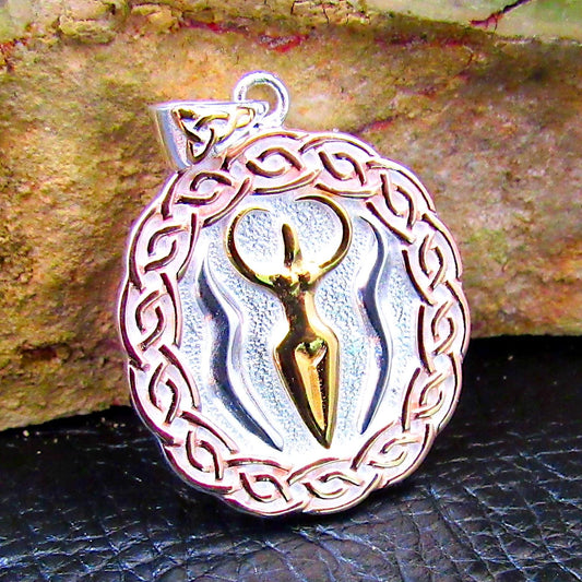 Solid 925 Sterling Silver Nile River Goddess Pendant, 3-Tone Celtic Egyptian Goddess Necklace Amulet, 14k Gold Accents