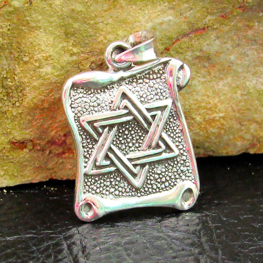 Solid 925 Sterling Silver Hebrew Star of David Pendant with Scrolls, Hammered Metal on Parchment, Jewish Charm, Religious Jewelry