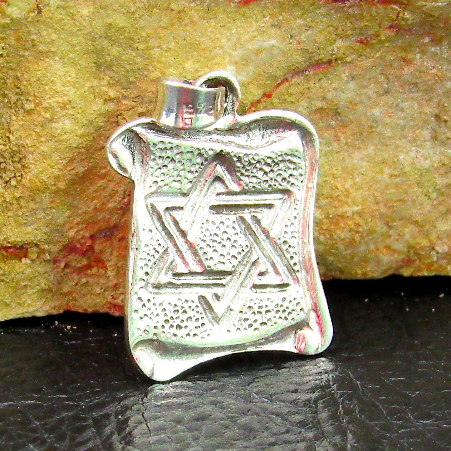 Solid 925 Sterling Silver Hebrew Star of David Pendant with Scrolls, Hammered Metal on Parchment, Jewish Charm, Religious Jewelry