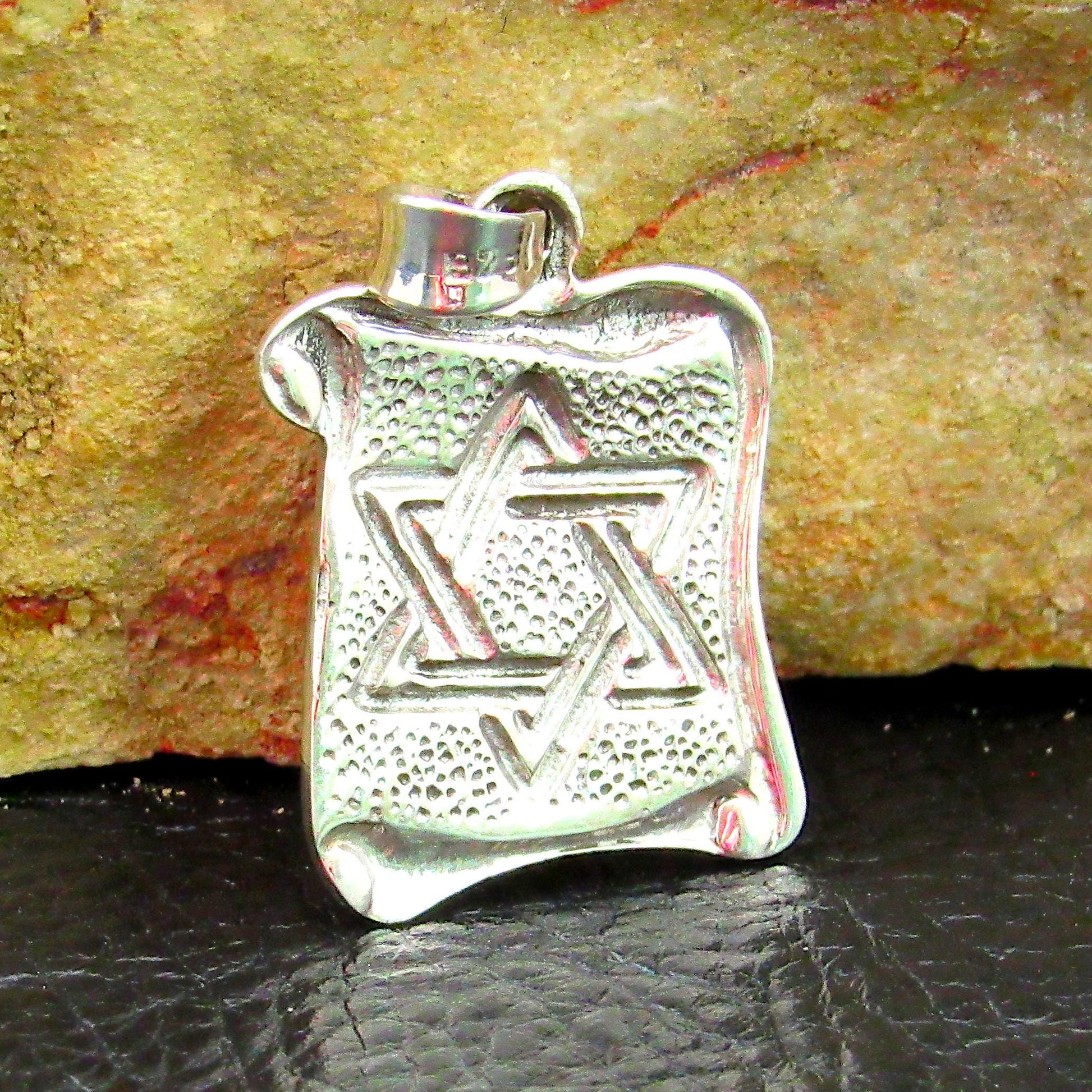 Solid 925 Sterling Silver Hebrew Star of David Pendant with Scrolls, Hammered Metal on Parchment, Jewish Charm, Religious Jewelry