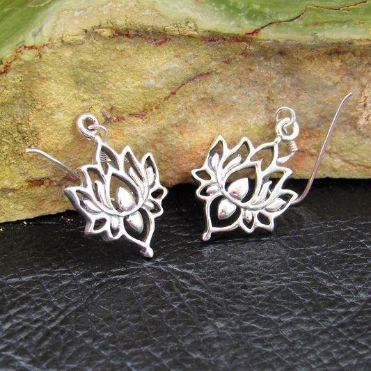 Solid 925 Sterling Silver Lotus Flower Earrings – Boho Drop Dangle Earrings for Women, Yoga Jewelry, Spiritual Silver Earrings, Gift for Her