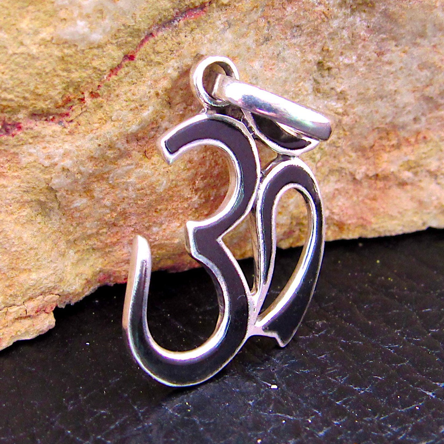 Solid 925 Sterling Silver Om Symbol Pendant With Black Onyx Inlay, Handcrafted Hindu Ohm Aum Yoga Meditation Jewelry