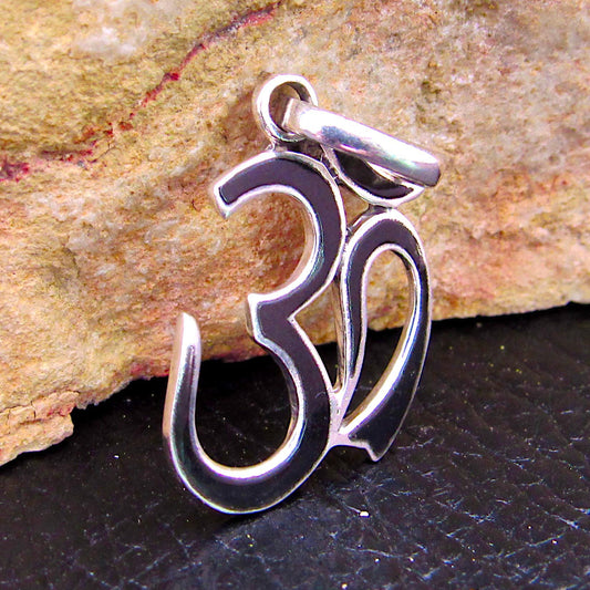 Solid 925 Sterling Silver Om Symbol Pendant With Black Onyx Inlay, Handcrafted Hindu Ohm Aum Yoga Meditation Jewelry
