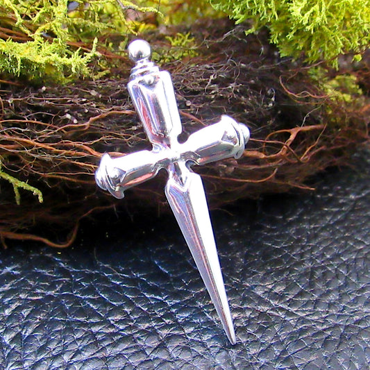 Solid 925 Sterling Silver Athame Necklace Pendant – Medieval Knife Cross / Gothic Dagger Charm