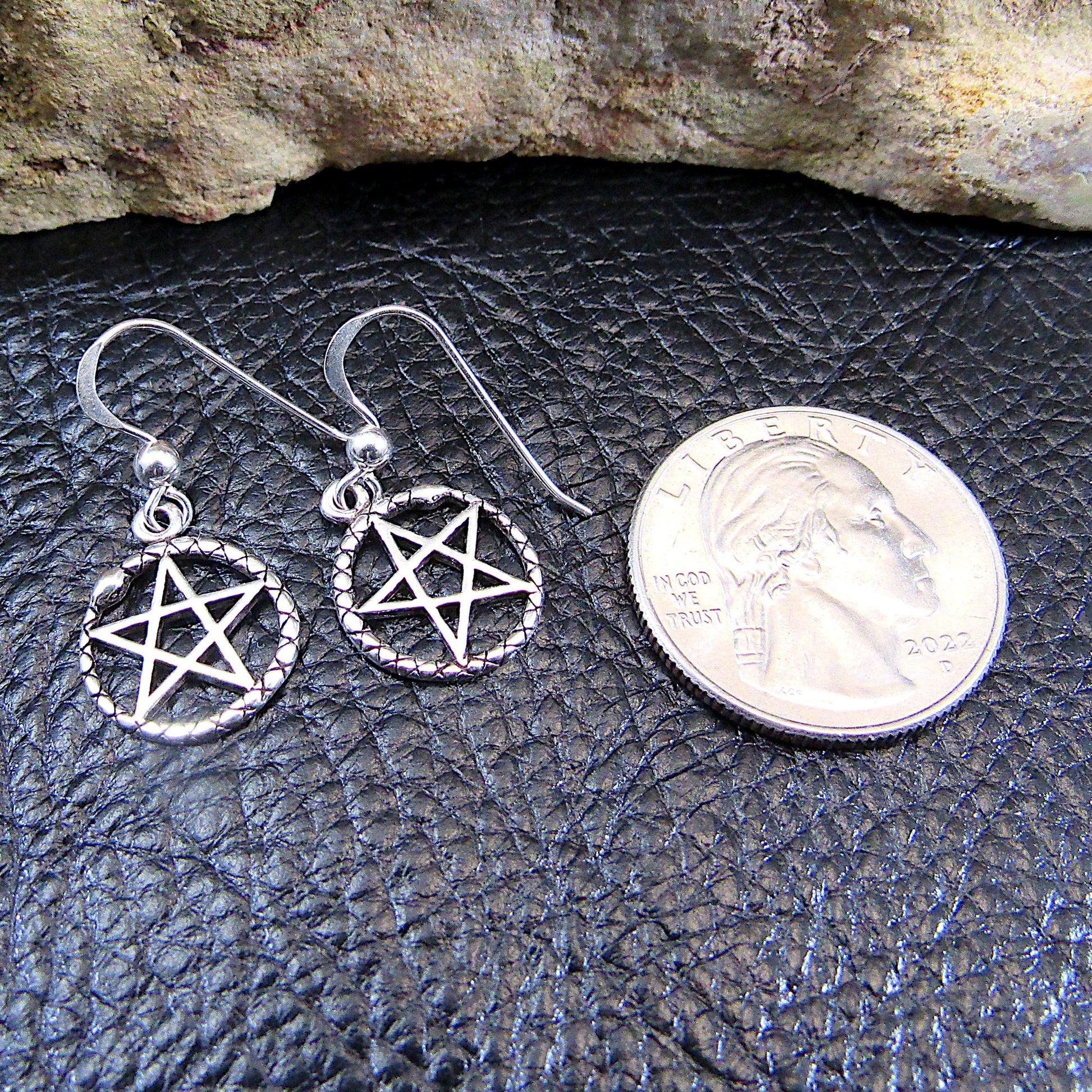 Solid 925 Sterling Silver Ouroboros Pentacle Earrings, Drop / Dangle / Hook Pentagram Earrings, Pagan Jewelry