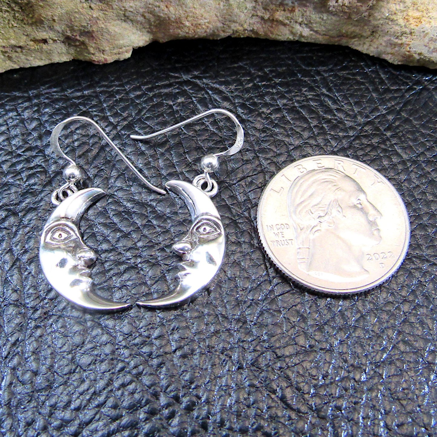 Solid 925 Sterling Silver Crescent Moon Face Earrings, Drop Dangle Hook Earrings, Celestial Jewelry