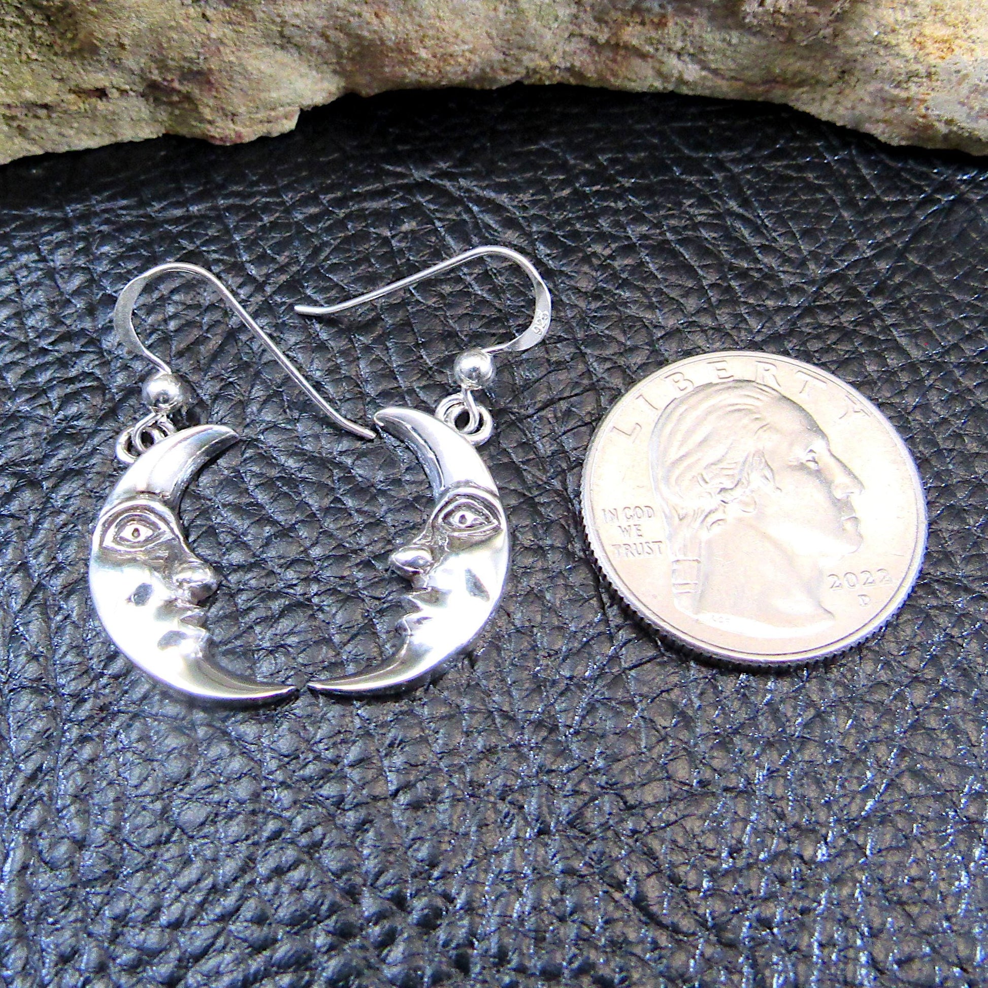 Solid 925 Sterling Silver Crescent Moon Face Earrings, Drop Dangle Hook Earrings, Celestial Jewelry