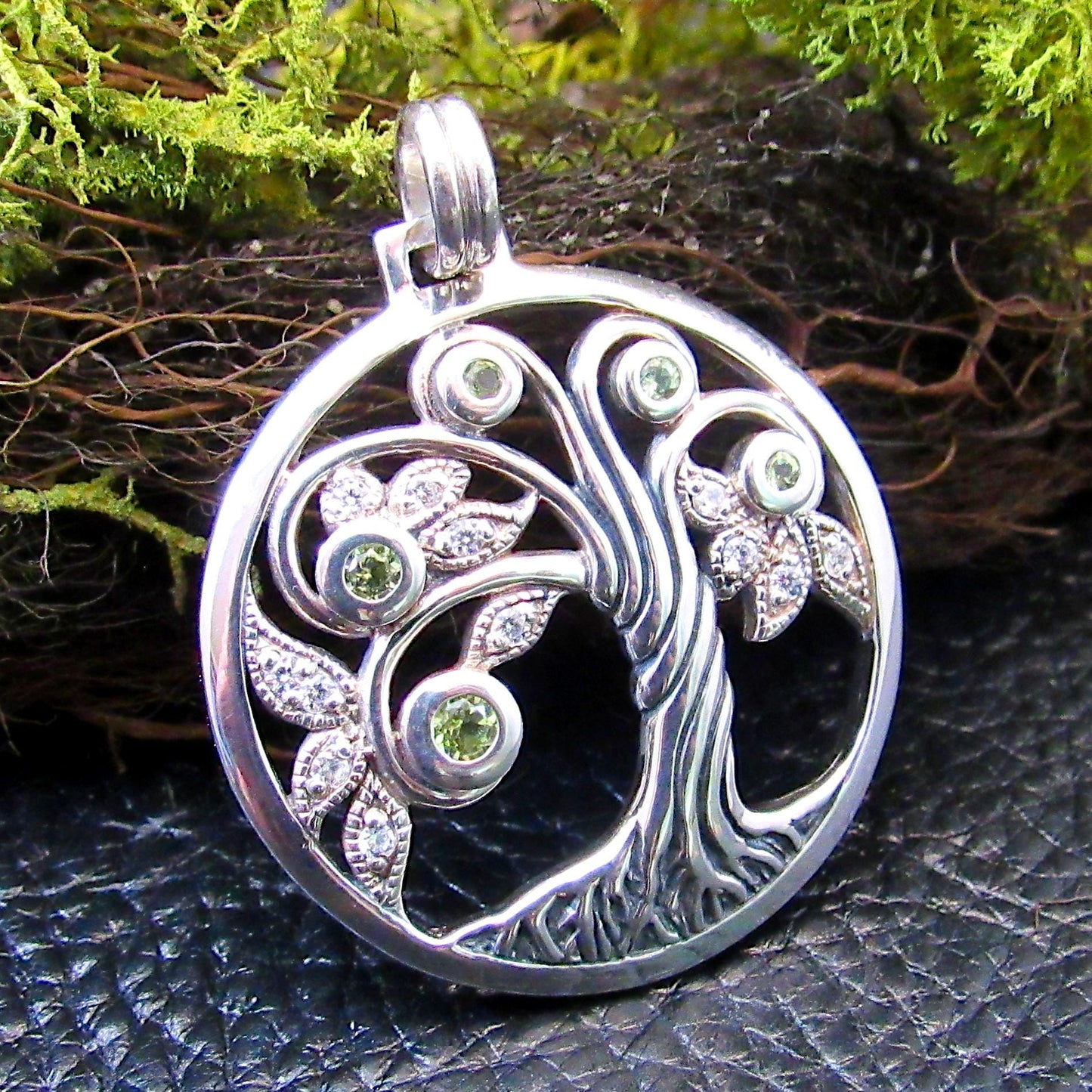 Solid 925 Sterling Silver Tree of Life Pendant with Peridot Gemstones