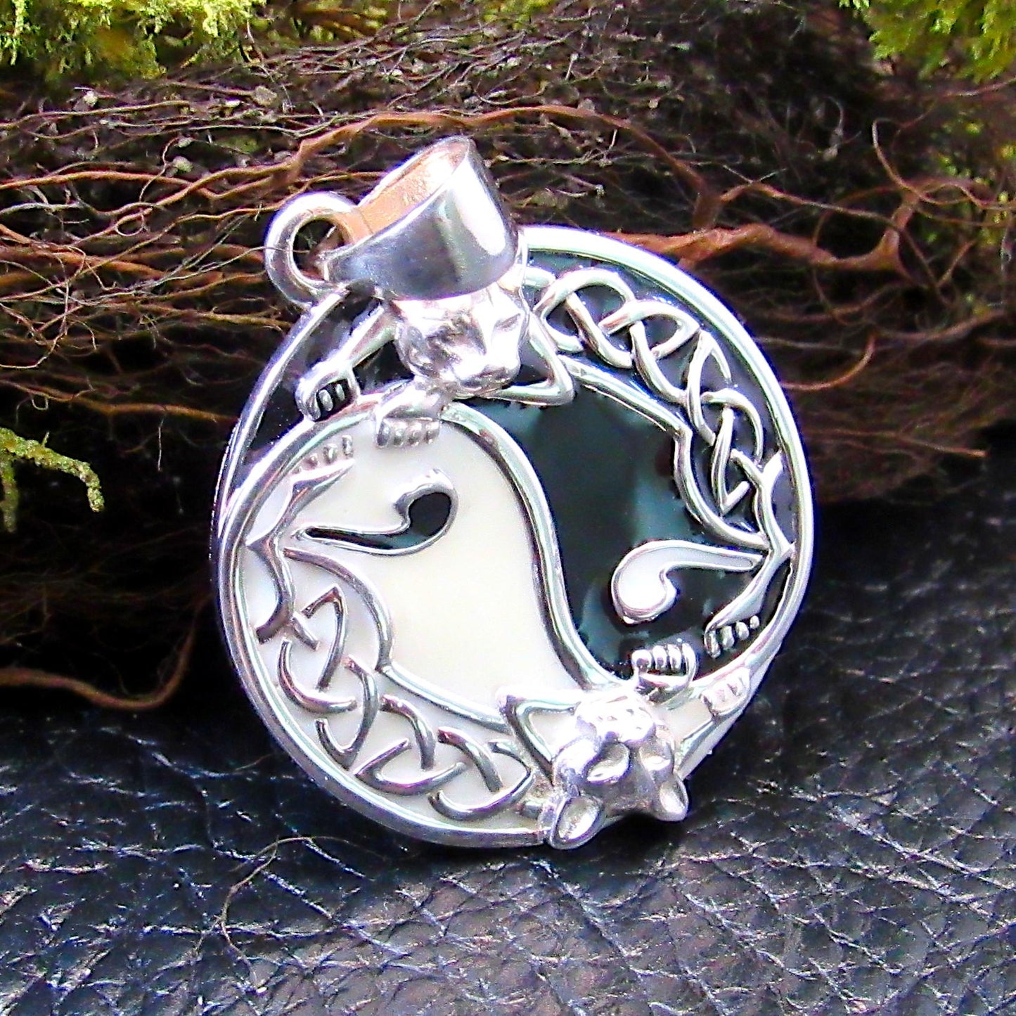 Solid 925 Sterling Silver Celtic Yin Yang Cat Pendant, Black & White Enamel Kitty Amulet