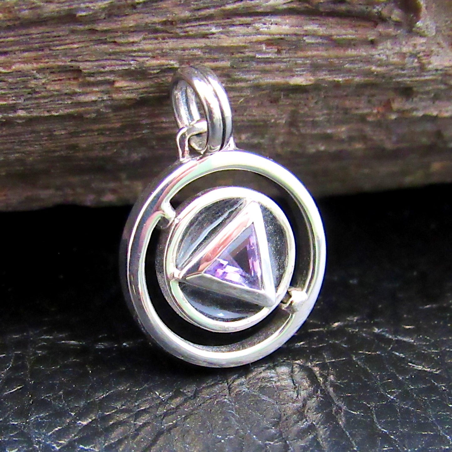 Solid 925 Sterling Silver Double Circle A Road to Recovery Pendant with Faceted Trillion Cut Purple Amethyst Gemstone