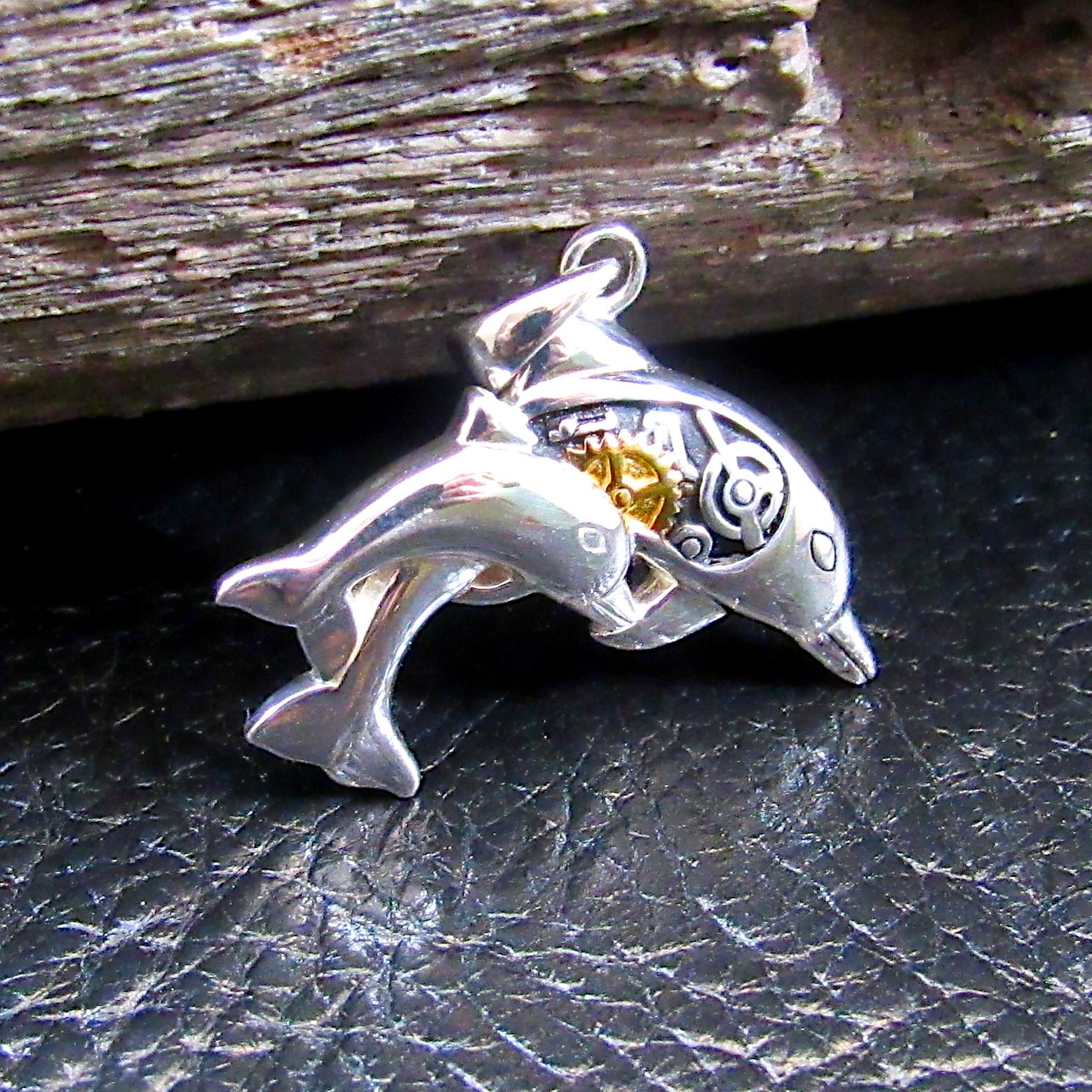 Solid 925 Sterling Silver Steampunk Dolphins Necklace Pendant, 14K Gold Accents, Industrial Jewelry