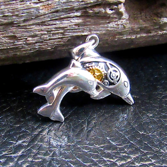 Solid 925 Sterling Silver Steampunk Dolphins Necklace Pendant, 14K Gold Accents, Industrial Jewelry