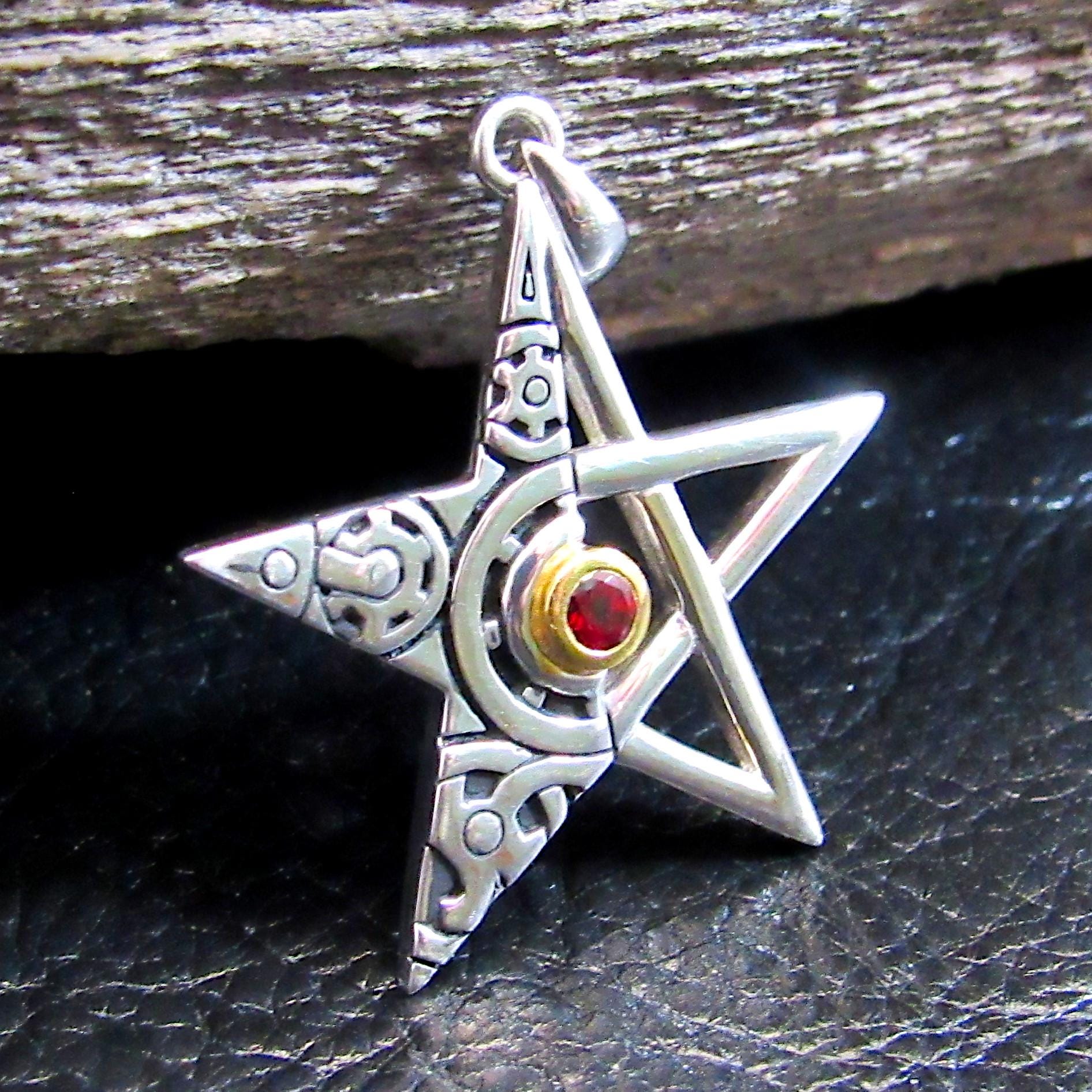 Solid 925 Sterling Silver Steampunk Pentagram Necklace Pendant with 14K Gold Accents