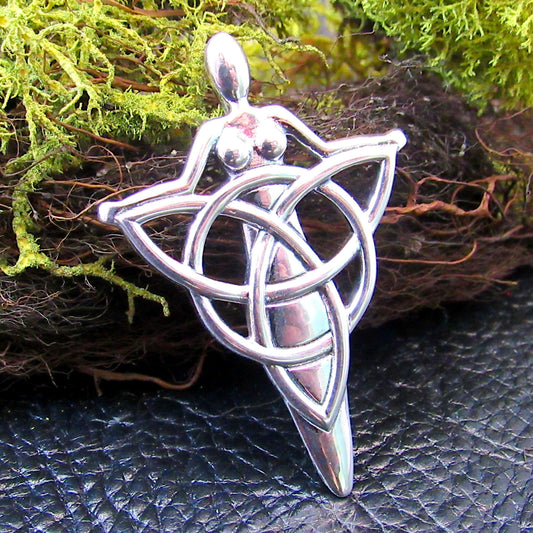 Solid 925 Sterling Silver Celtic Danu Goddess Pendant - Trinity Knot Talisman - Pagan Jewelry