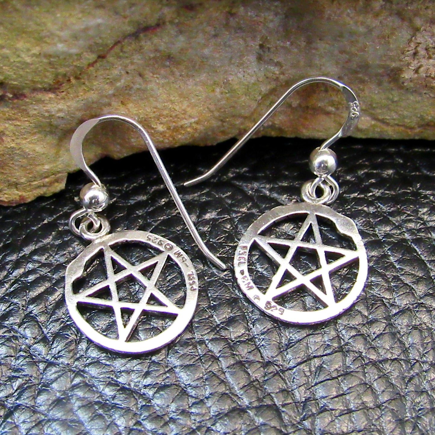Solid 925 Sterling Silver Ouroboros Pentacle Earrings, Drop / Dangle / Hook Pentagram Earrings, Pagan Jewelry