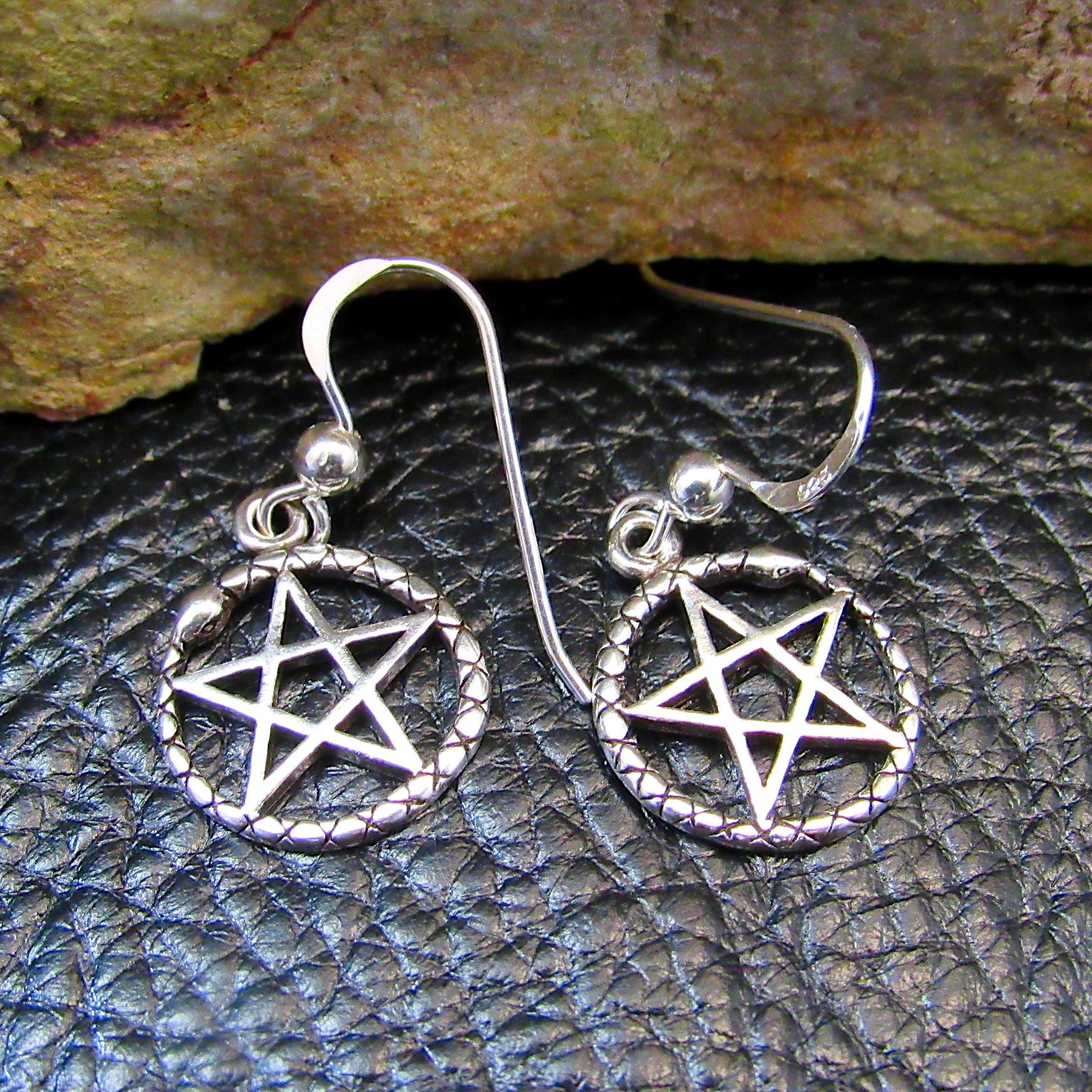 Solid 925 Sterling Silver Ouroboros Pentacle Earrings, Drop / Dangle / Hook Pentagram Earrings, Pagan Jewelry