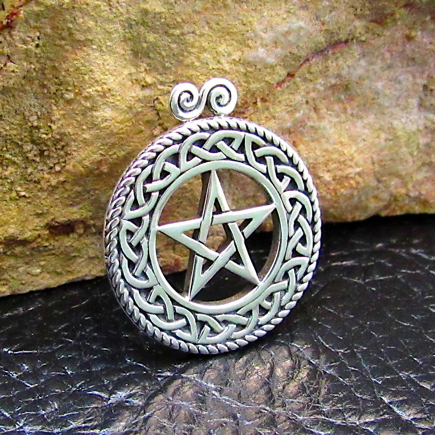 Solid 925 Sterling Silver Pentacle Slide Pendant with Celtic Knotwork, Pagan Jewelry, Pentagram Amulet