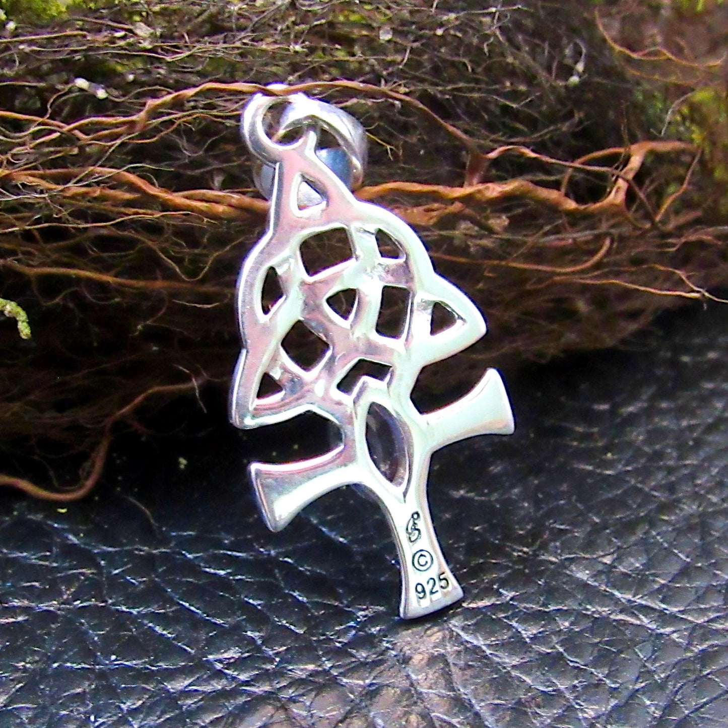 Solid 925 Sterling Silver Egyptian Ankh Necklace Pendant w/ Celtic Triquetra Knots & Gemstone