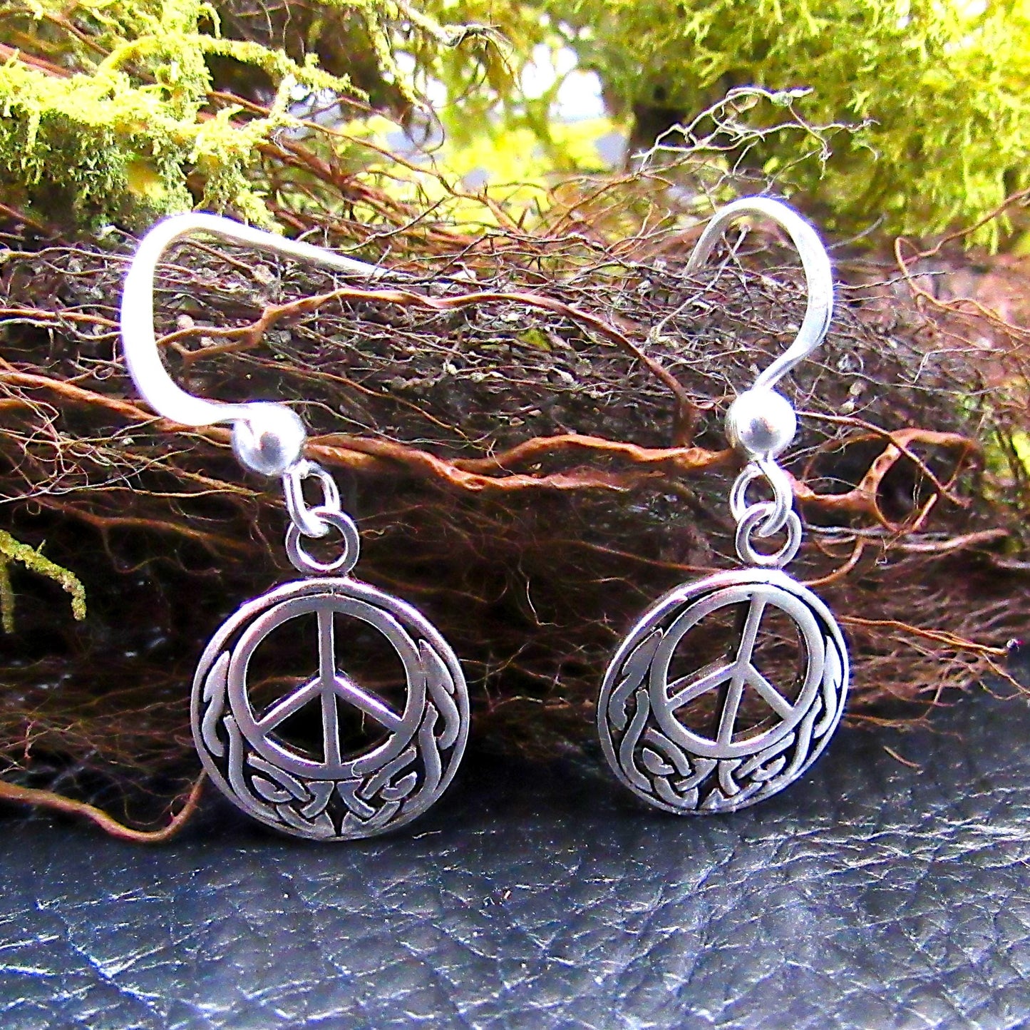 Solid 925 Sterling Silver Peace Sign Earrings with Celtic Knotwork, Drop Dangle Hook Earrings