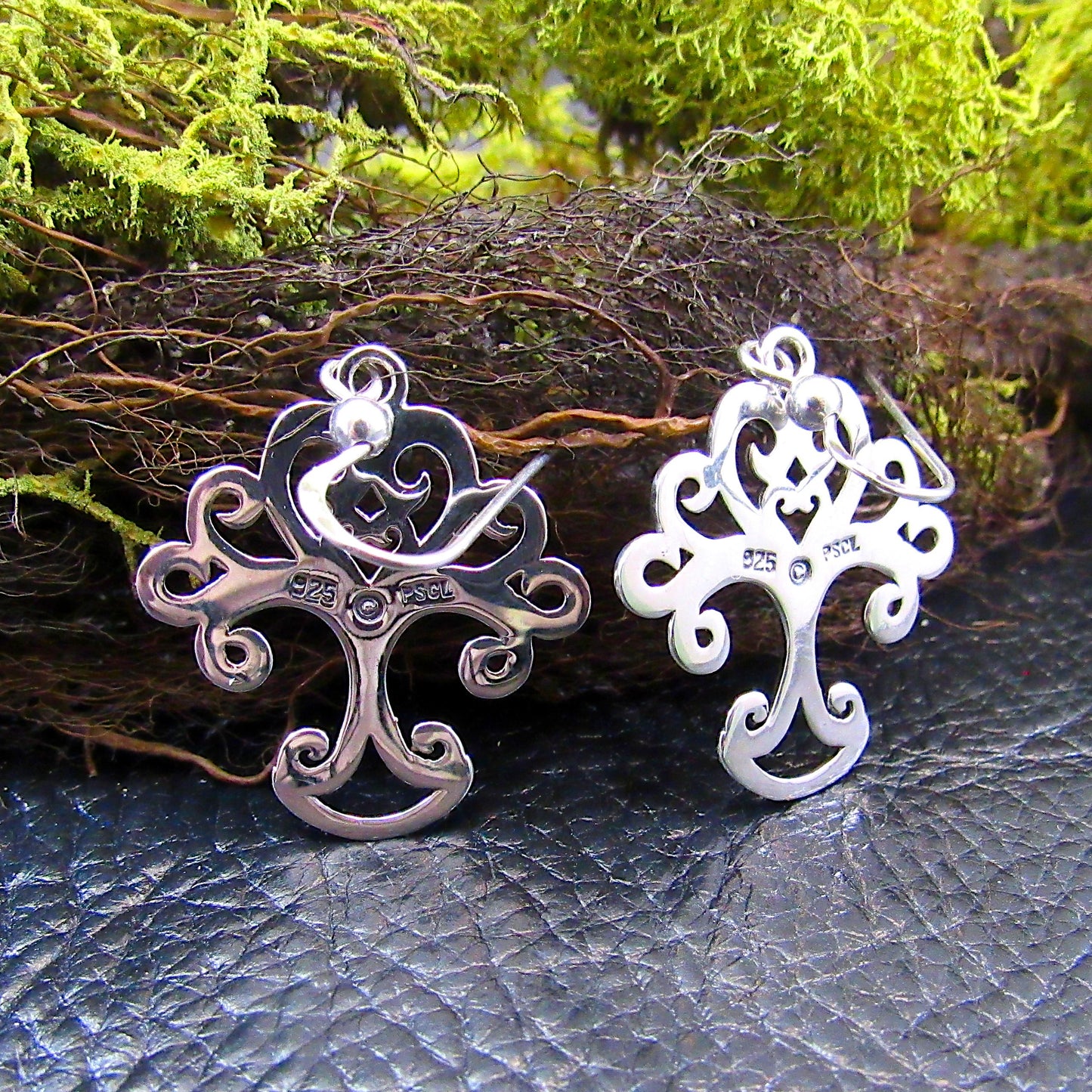 Solid 925 Sterling Silver Tree of Life Earrings with Ornate Scrolls, Drop Dangle Hooks