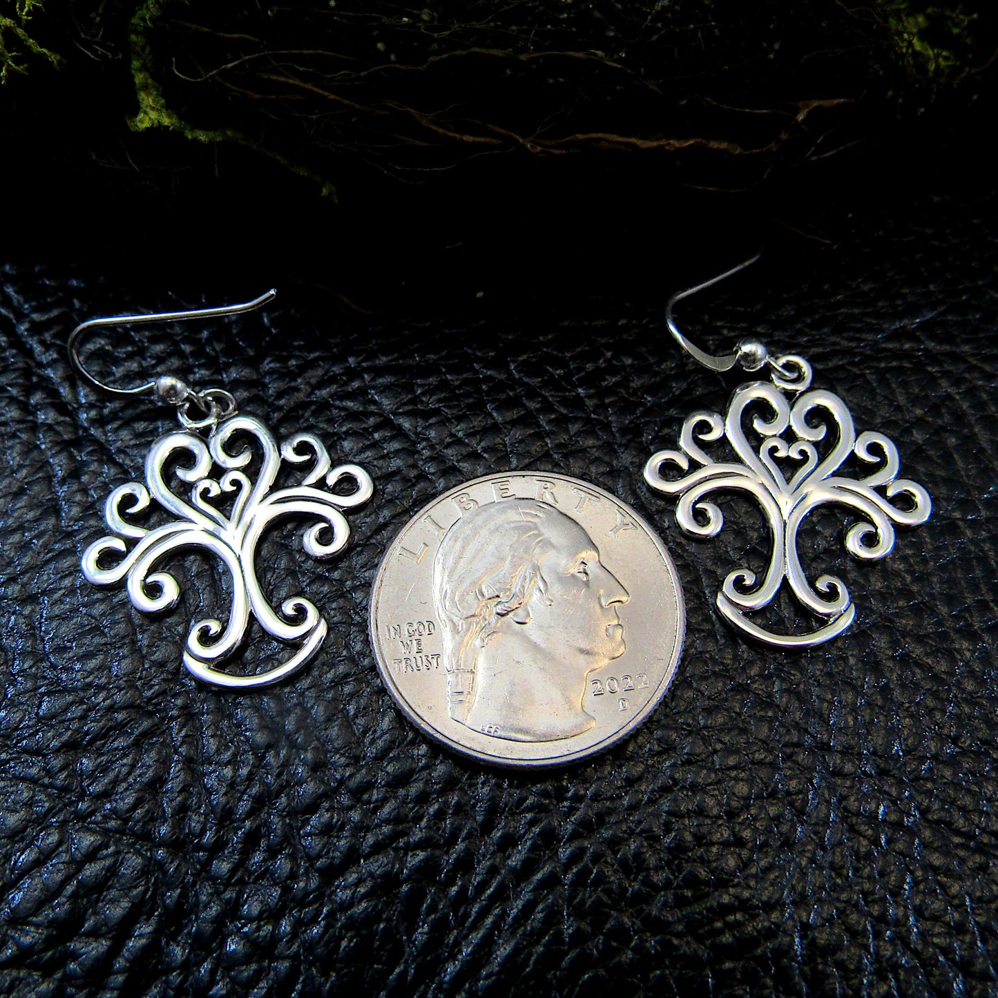 Solid 925 Sterling Silver Tree of Life Earrings with Ornate Scrolls, Drop Dangle Hooks