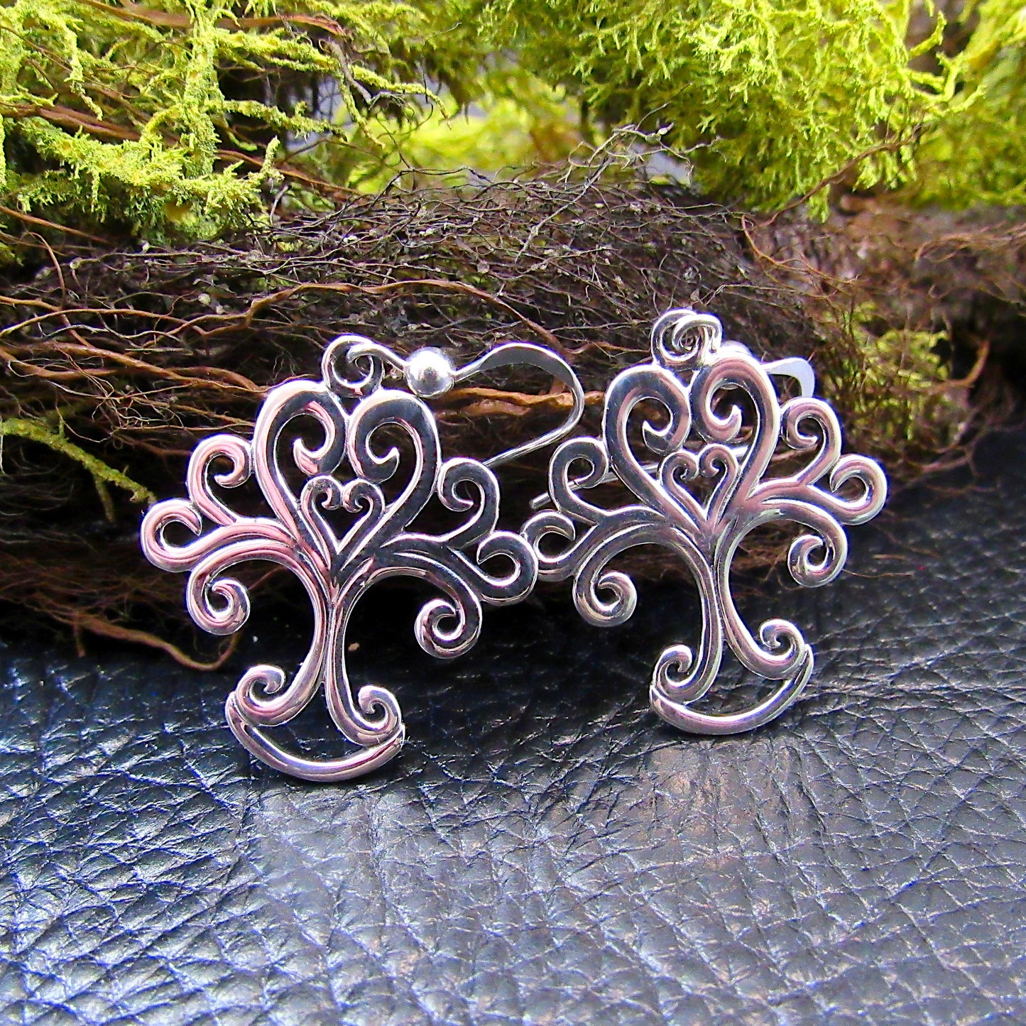 Solid 925 Sterling Silver Tree of Life Earrings with Ornate Scrolls, Drop Dangle Hooks
