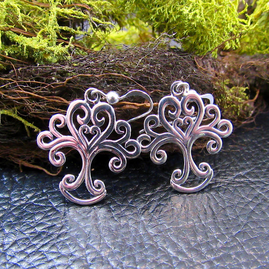 Solid 925 Sterling Silver Tree of Life Earrings with Ornate Scrolls, Drop Dangle Hooks