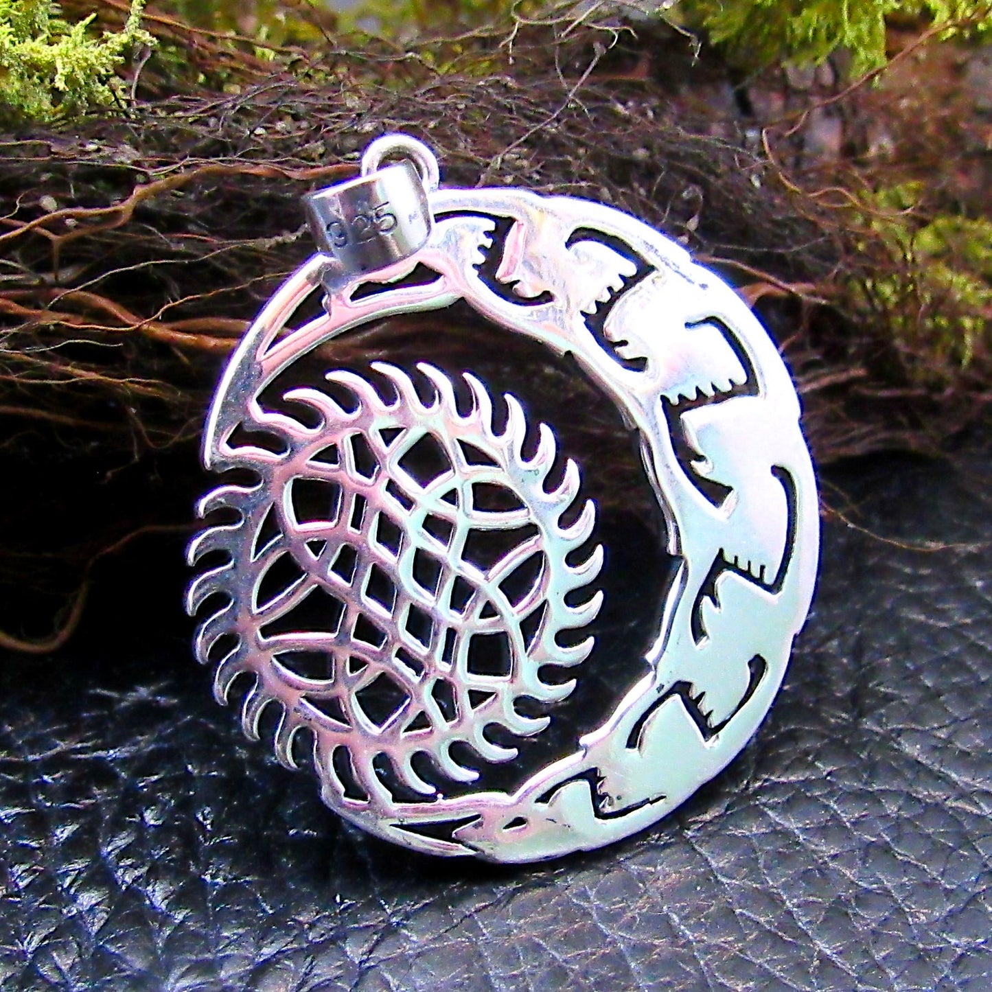Solid 925 Sterling Silver Crescent Moon And Sun Pendant, Celtic Zoomorphic Beasts Amulet