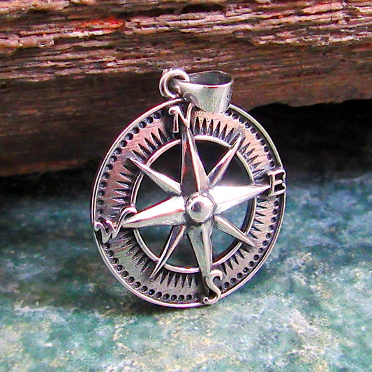 Solid 925 Sterling Silver Compass Pendant – Nautical Rose of the Winds Symbol – Nautical Silver Charm – Directional North Star Jewelry Gift