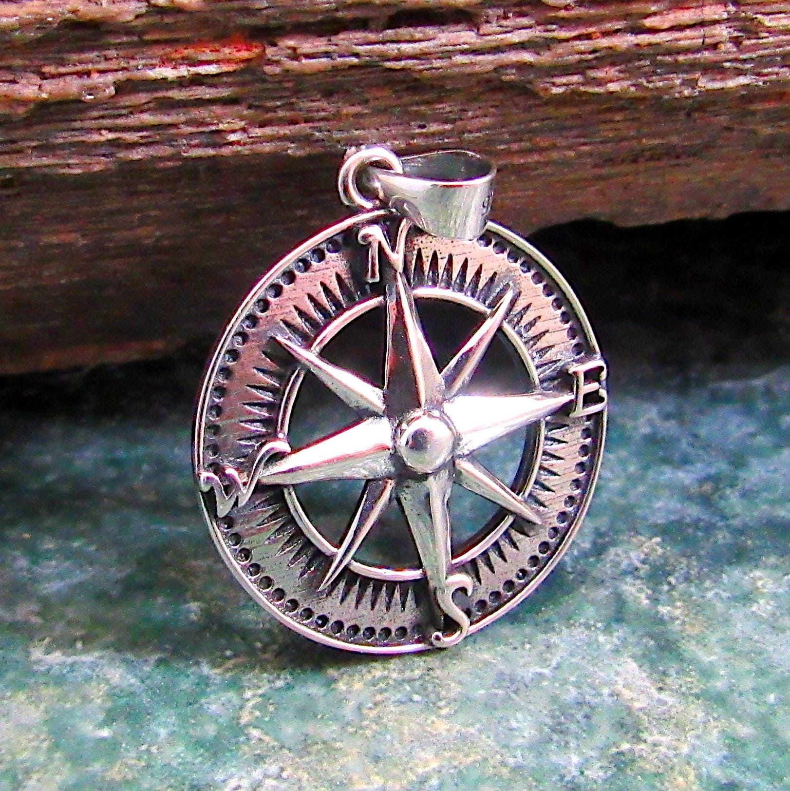 Solid 925 Sterling Silver Compass Pendant – Nautical Rose of the Winds Symbol – Sailor Jewelry Charm