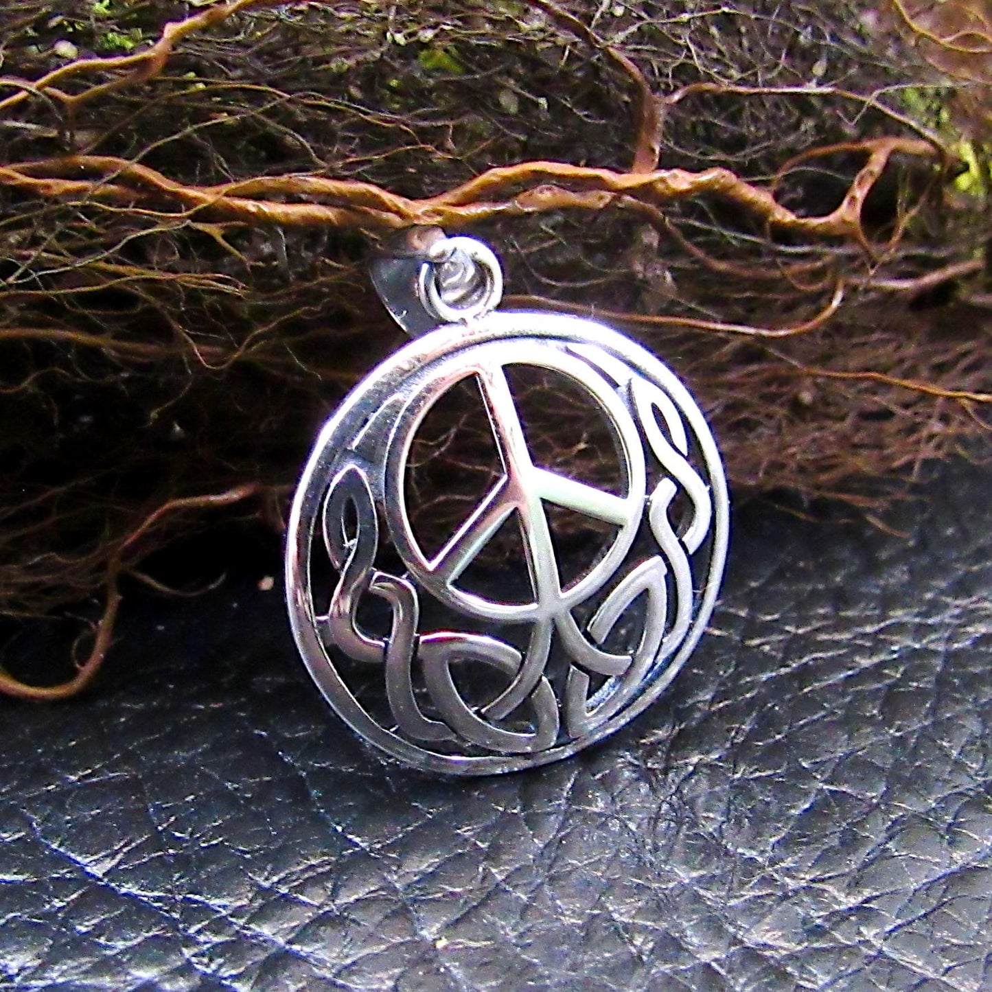 Solid 925 Sterling Silver Peace Sign Pendant with Celtic Knotwork - Hippie Jewelry Charm