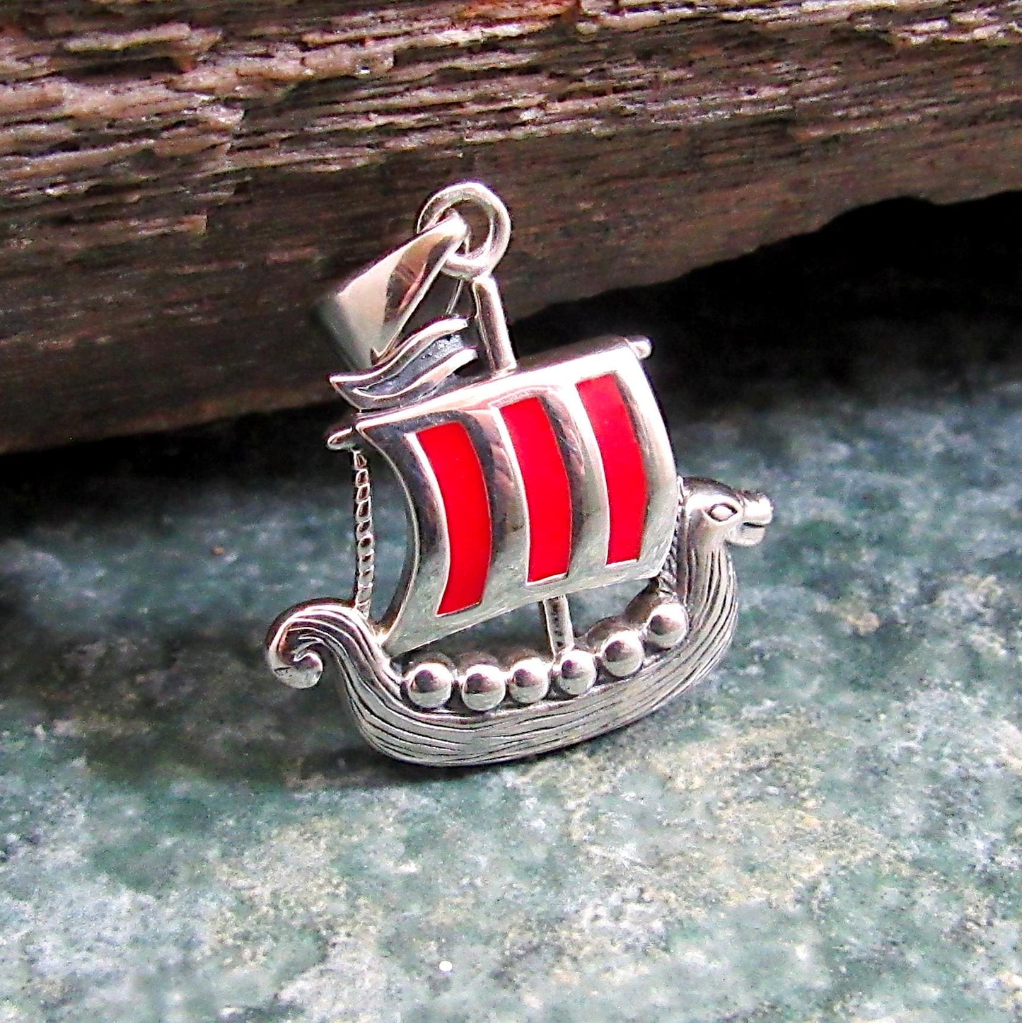 925 Viking Ship Pendant Necklace, Solid Sterling Silver & Red Enamel Norse Longship Jewelry Charm