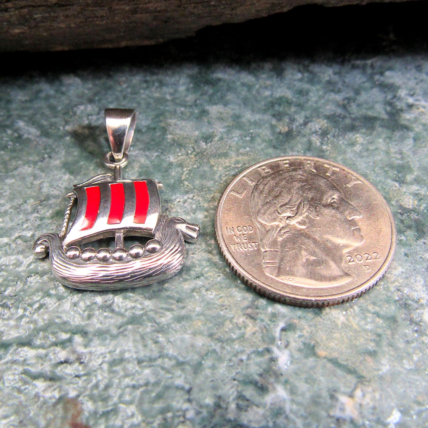 925 Viking Ship Pendant Necklace, Solid Sterling Silver & Red Enamel Norse Longship Jewelry Charm