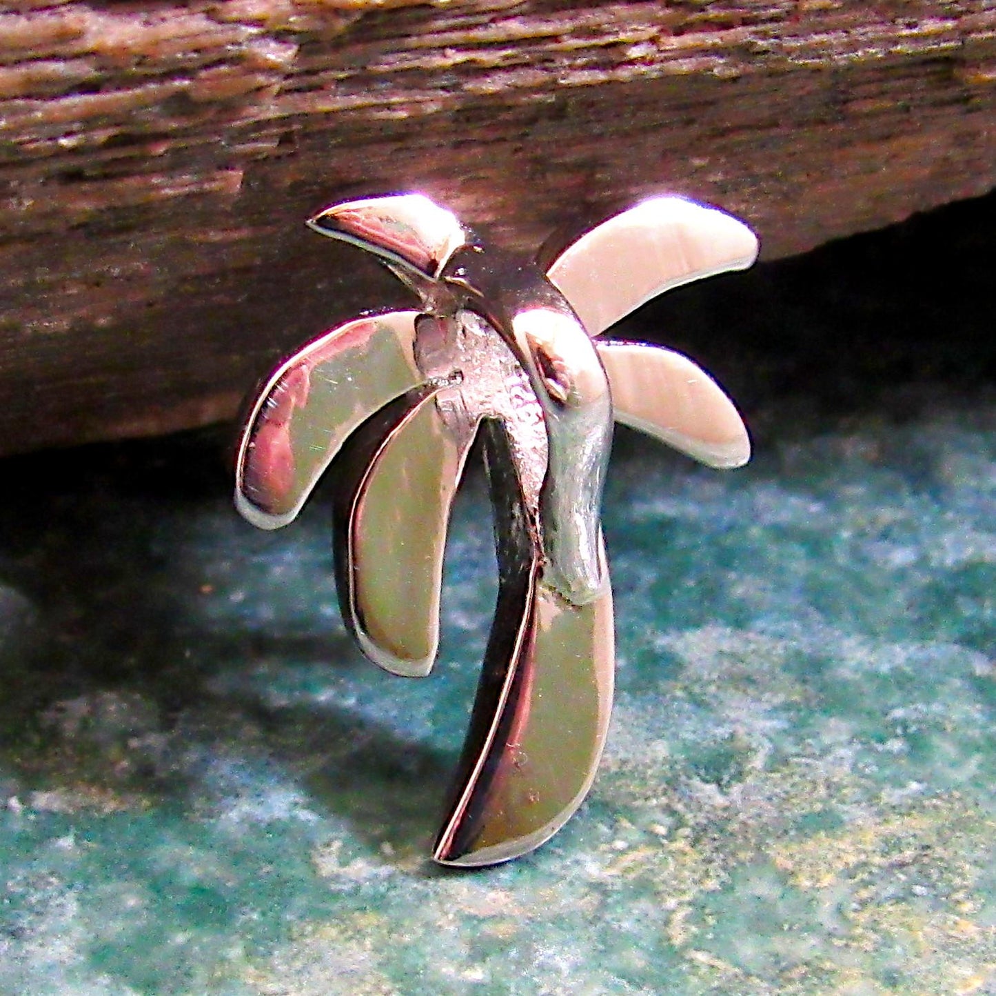 Solid 925 Sterling Silver Palm Tree Slide Pendant with Lab Opal Inlay — Beach Lover Gift