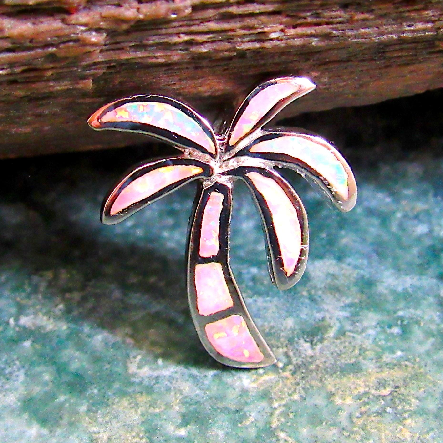 Solid 925 Sterling Silver Palm Tree Slide Pendant with Lab Opal Inlay — Beach Lover Gift