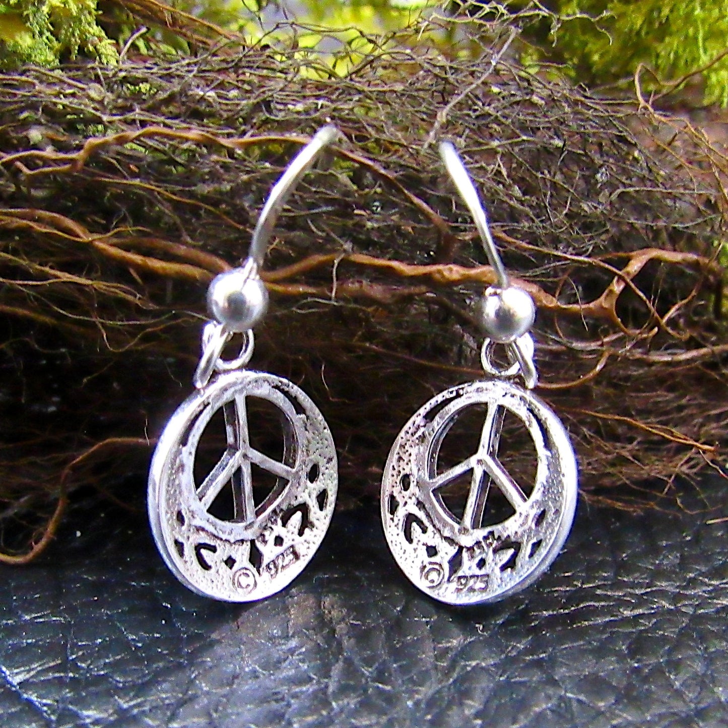 Solid 925 Sterling Silver Peace Sign Earrings with Celtic Knotwork, Drop Dangle Hook Earrings