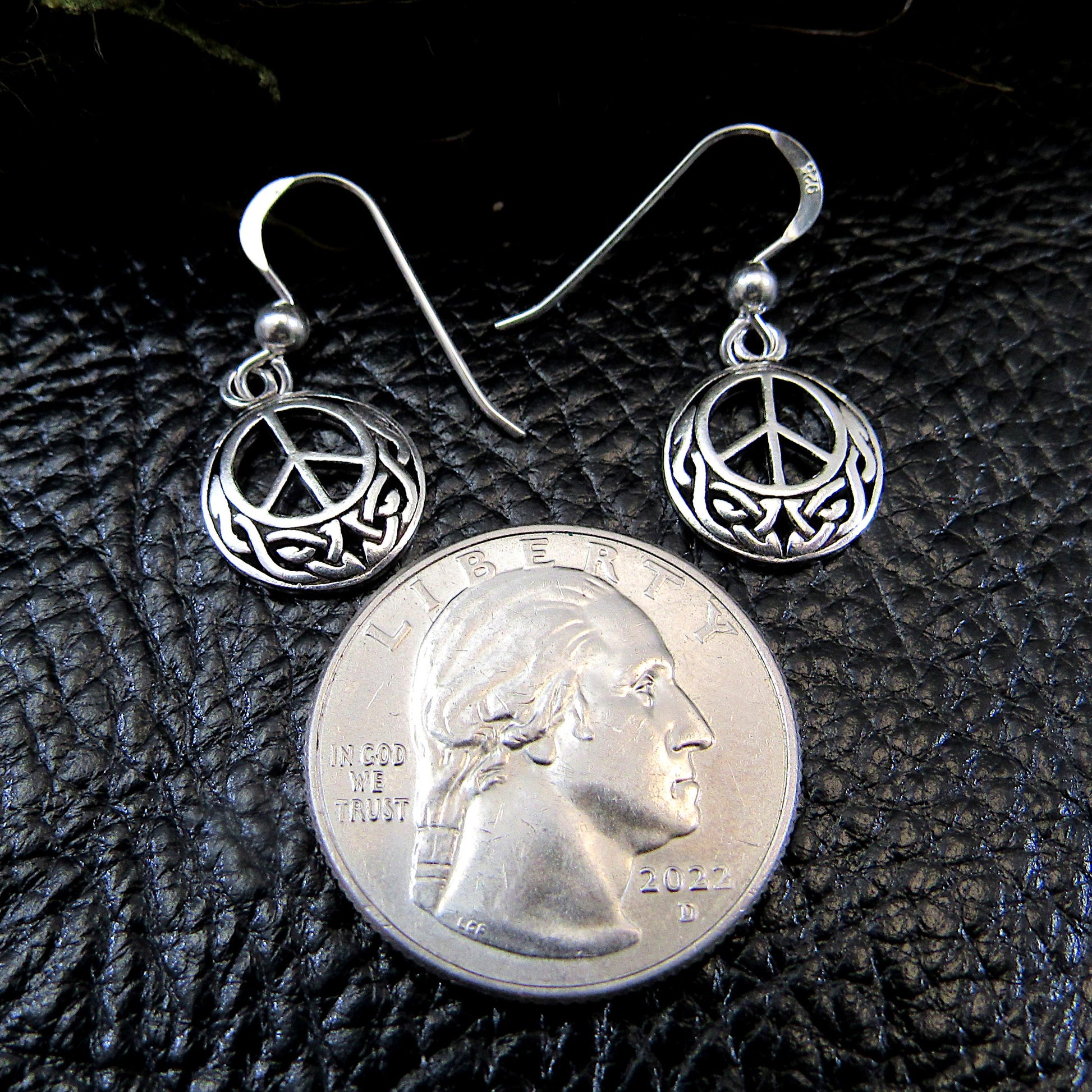 Solid 925 Sterling Silver Peace Sign Earrings with Celtic Knotwork, Drop Dangle Hook Earrings